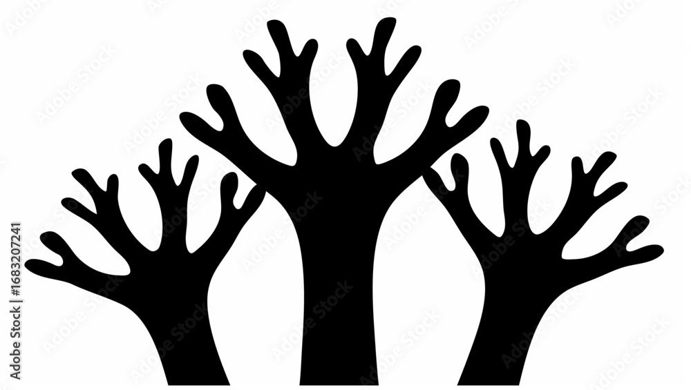Fototapeta premium Silhouette illustration of three stylized trees with multiple branches against a white background design element