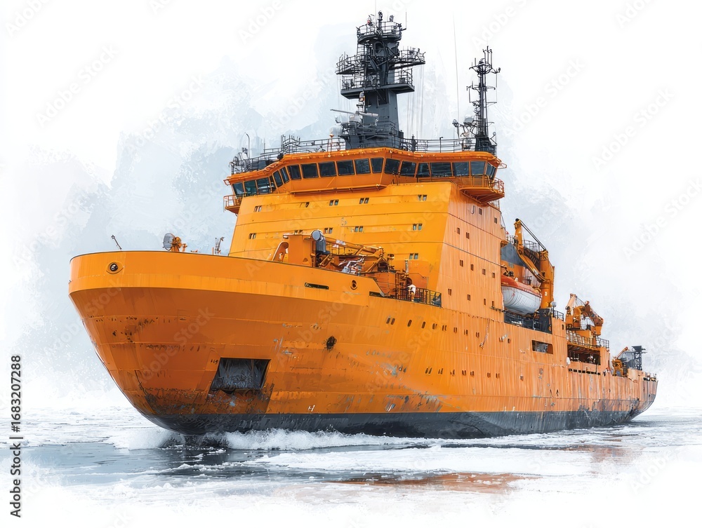 Fototapeta premium A vibrant orange ship navigates through icy waters, showcasing a powerful and resilient design.