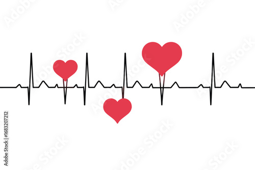 Conceptual illustration of an EKG pulse line with vibrant red hearts, a minimalist graphic design symbolizing life, love, and health