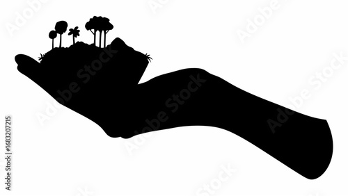 Silhouette of a hand holding a miniature landscape with trees and vegetation in black and white illustration