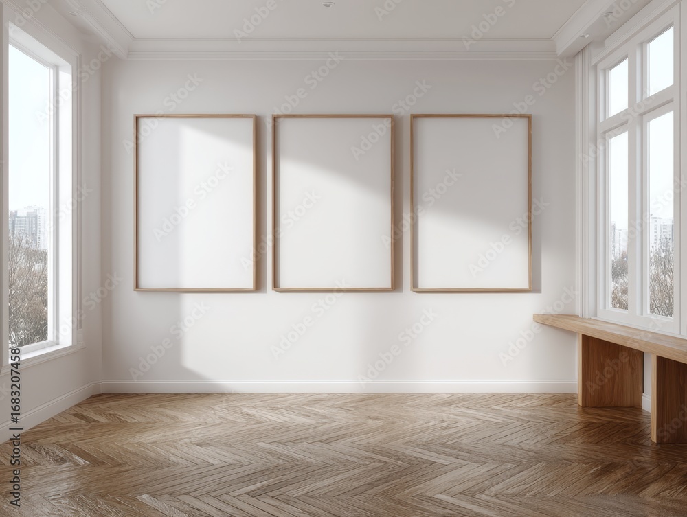 Fototapeta premium A room with three empty picture frames on the wall