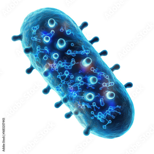 Detailed microscopic view of a blue bacteria cell with surface structures and internal molecules against a for scientific illustration use on transparent background