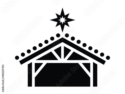 A minimalist black silhouette of a Christmas nativity manger with the Star of Bethlehem. Simple Christian holiday graphic icon isolated on white