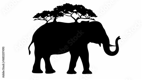 Silhouette of an elephant with trees growing on its back in a black and white conceptual illustration