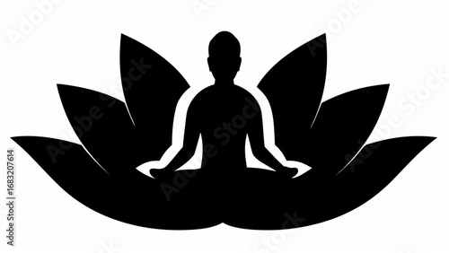 Silhouette of a person meditating in lotus position surrounded by lotus flower petals in black and white