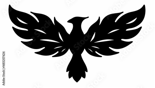 Silhouette of a phoenix with wings spread wide and detailed feather patterns in a symmetrical design style