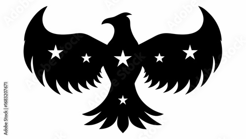 Silhouette of a soaring eagle with spread wings adorned with multiple stars in a symmetrical pattern design