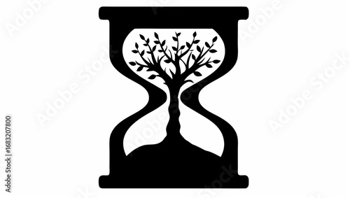 Silhouette of an hourglass with a tree growing inside representing time and growth in black and white style
