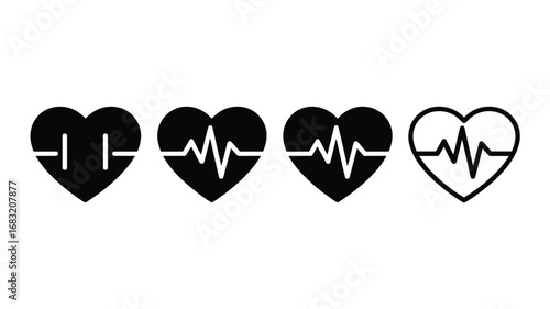 A set of four black heart icons with different heartbeat pulse line cardiograms for medical and health concepts
