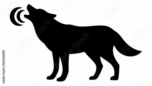 Silhouette of a wolf howling with sound waves emanating from its mouth in a black and white illustration