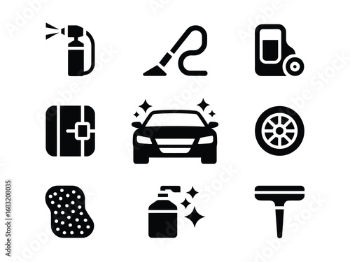 Set of nine solid black icons for car wash services and automotive detailing, including vacuum, polish, and cleaning symbols