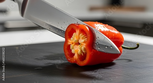Vibrant red pepper, glistening with water droplets, expertly sliced by a sharp steel knife on a dark cutting board.