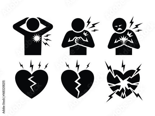 A set of black and white icons showing symptoms of a heart attack and chest pain, alongside symbols of a broken heart and emotional distress