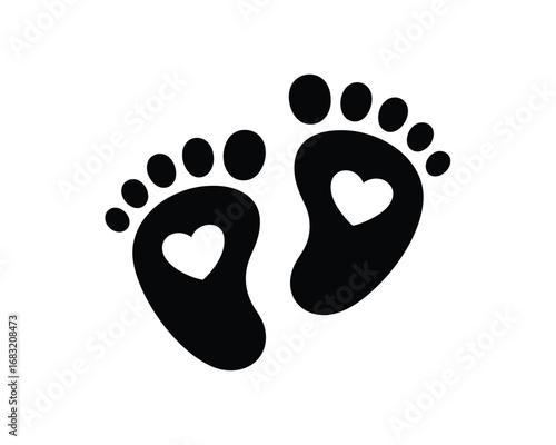 A simple black and white vector illustration of baby footprints with hearts, symbolizing new life, love, family, and childbirth