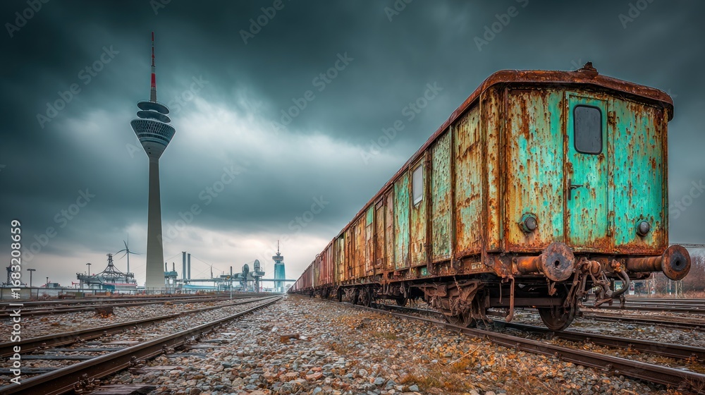 Obraz premium Rusty train on tracks industrial scene