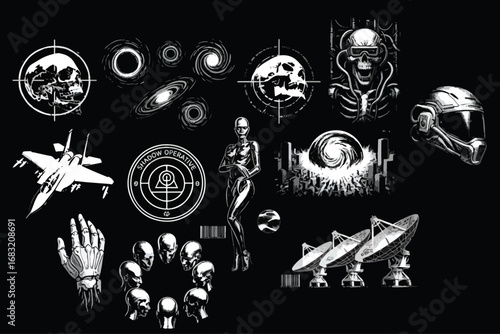 Futuristic 3D grunge textures, cyberpunk, apocalypse concept. Streetwear, t-shirt dark noir prints. 3D textures of objects: skulls, eyes, cyborg. Brutalism, cyberpunk prints, grunge typography. Vector