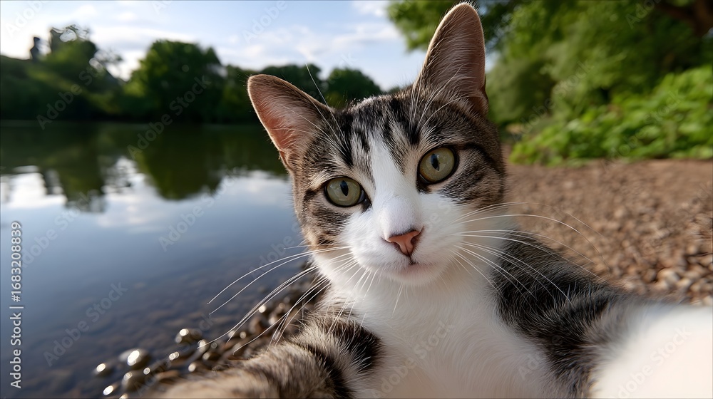 Fototapeta premium A domestic cat sits alert and attentive by the still waters of a peaceful lakeside, surrounded by lush greenery and a serene natural setting.