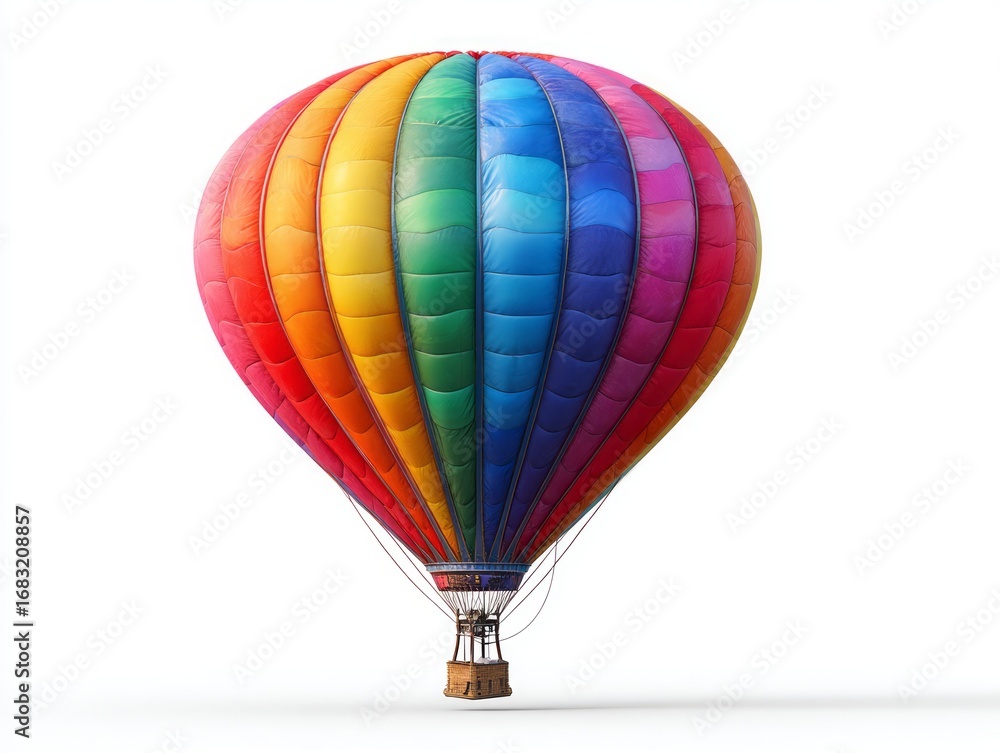 Fototapeta premium A vibrant, colorful hot air balloon, rendered in a detailed 3d style, against a plain white background.