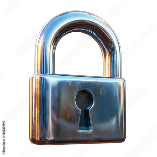 Shiny metal padlock with keyhole against a symbolizing security and protection with a modern reflective design for digital safety on transparent background