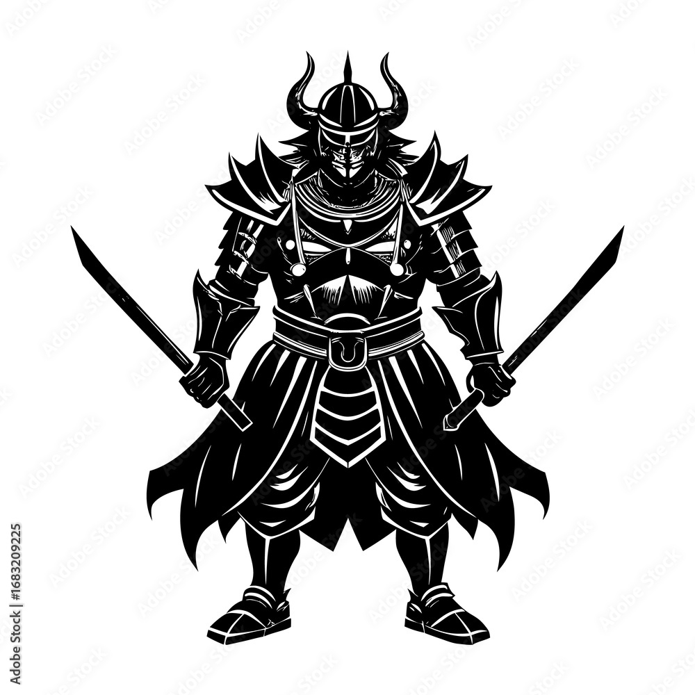 Fototapeta premium Black silhouette of a samurai warrior with two swords