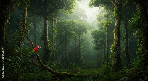 Wallpaper Mural Lush emerald jungle forest with vibrant macaws perched on a branch, bathed in soft sunlight. Torontodigital.ca