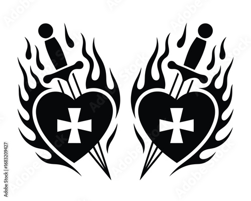 Set of two tribal style flaming hearts pierced by swords with a cross, a striking black and white vector design for tattoos or emblems