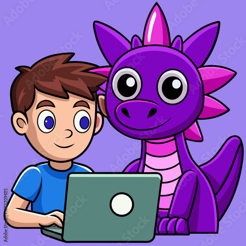 Boy doing homework with his friendly purple dragon companion