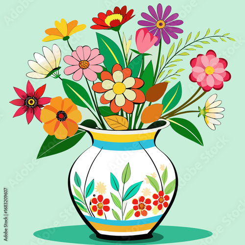 Ceramic vase filled with vibrant flowers in a cheerful arrangement