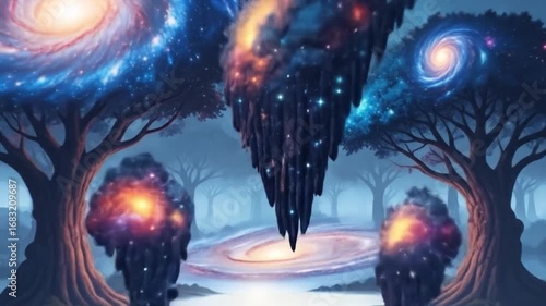 Cosmic Forest Galaxies Within Trees, Celestial Islands, Mystical Reflection
