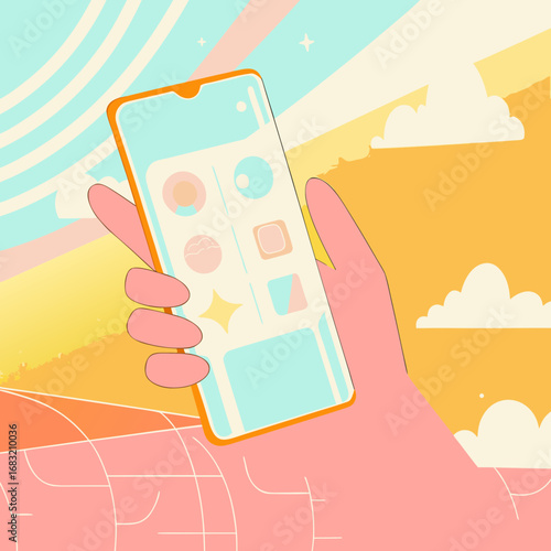 Hand holds smartphone with shopping app in minimalist design