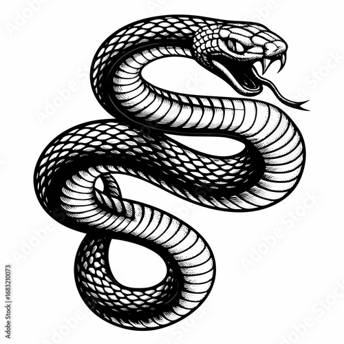 Fierce angry snake attacks with bared fangs and striking intent