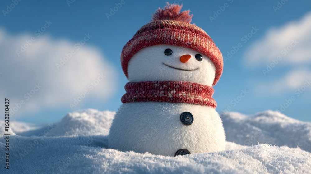 Obraz premium Cheerful Snowman Wearing a Scarf and Hat Surrounded by Snow