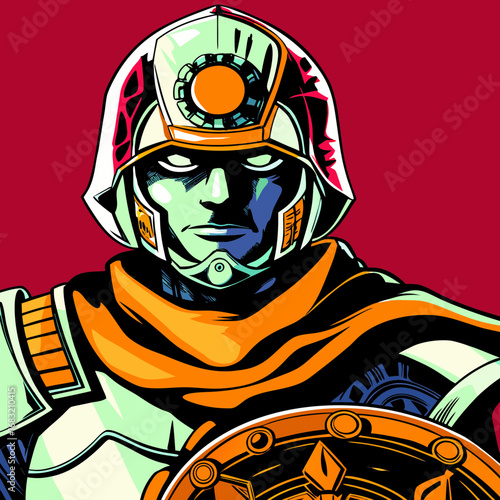 Heroic character holding shield in vibrant art style