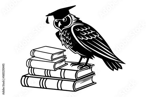 anthropomorphic owl wise graduate cap on the books silhouette