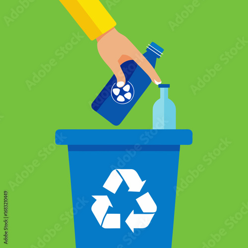 Hand placing a glass bottle into blue recycling container with logo