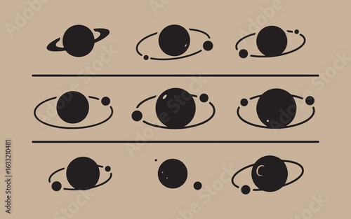 Stylized black planets with rings and moons in a grid pattern