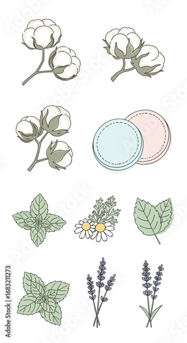 Set of soft cotton flowers, round cotton pads, and herbal leaves in pastel colors  