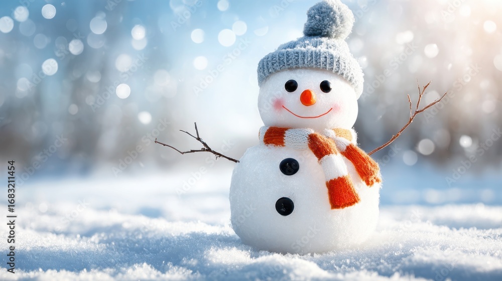 Fototapeta premium Cheerful Snowman with Orange Scarf and Hat in Winter Wonderland