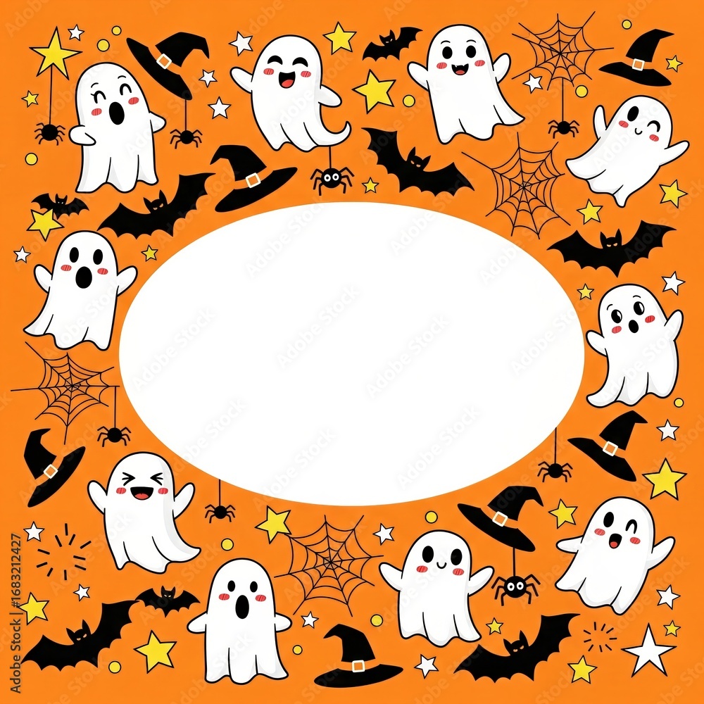 Fototapeta premium Cute Halloween ghosts, bats, hats, spiders and stars border on orange background, cartoon style, party invitation, copy space