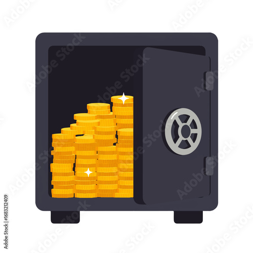 Open Safe Revealing Stacks of Gold Coins with Sparkling Highlights