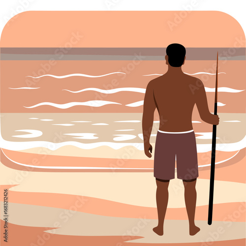 Man fishing on a beach at sunset