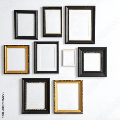 Empty picture frames in various sizes and colors against a white wall