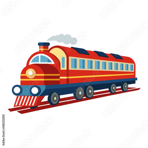 Colorful train design running on tracks against a white backdrop