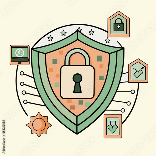 Shield symbolizing digital security with keyhole and icons