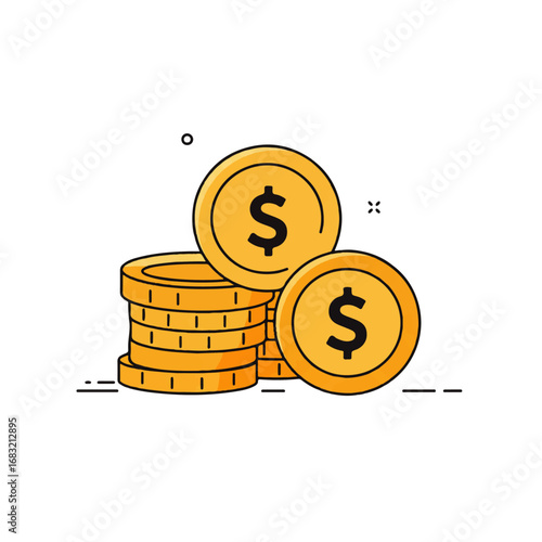 Stacked Dollar Coins with Line Art Accents, Financial Wealth Illustration