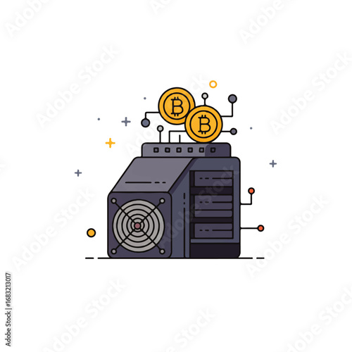 Stylized Bitcoin Mining Rig with Two Gold Coins and Circuitry