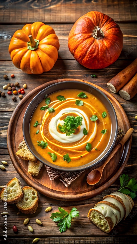 Fototapeta premium Top-view photo of rustic autumn pumpkin soup in a ceramic bowl, garnished with cream, roasted seeds, and parsley. Warm seasonal styling with bread, cinnamon, and fall leaves on wooden table.