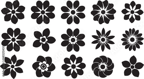 Fifteen Black Silhouette Flower Icons Displayed in Three Rows white