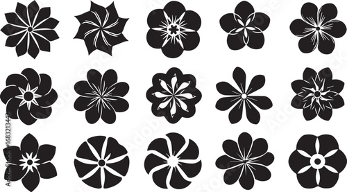 Fifteen Stylized Black Flower Silhouettes in Three Rows on White icon