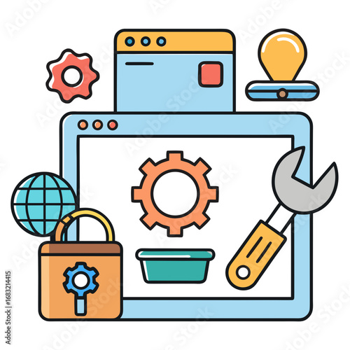 Online tools icon with gear and tools for digital productivity
